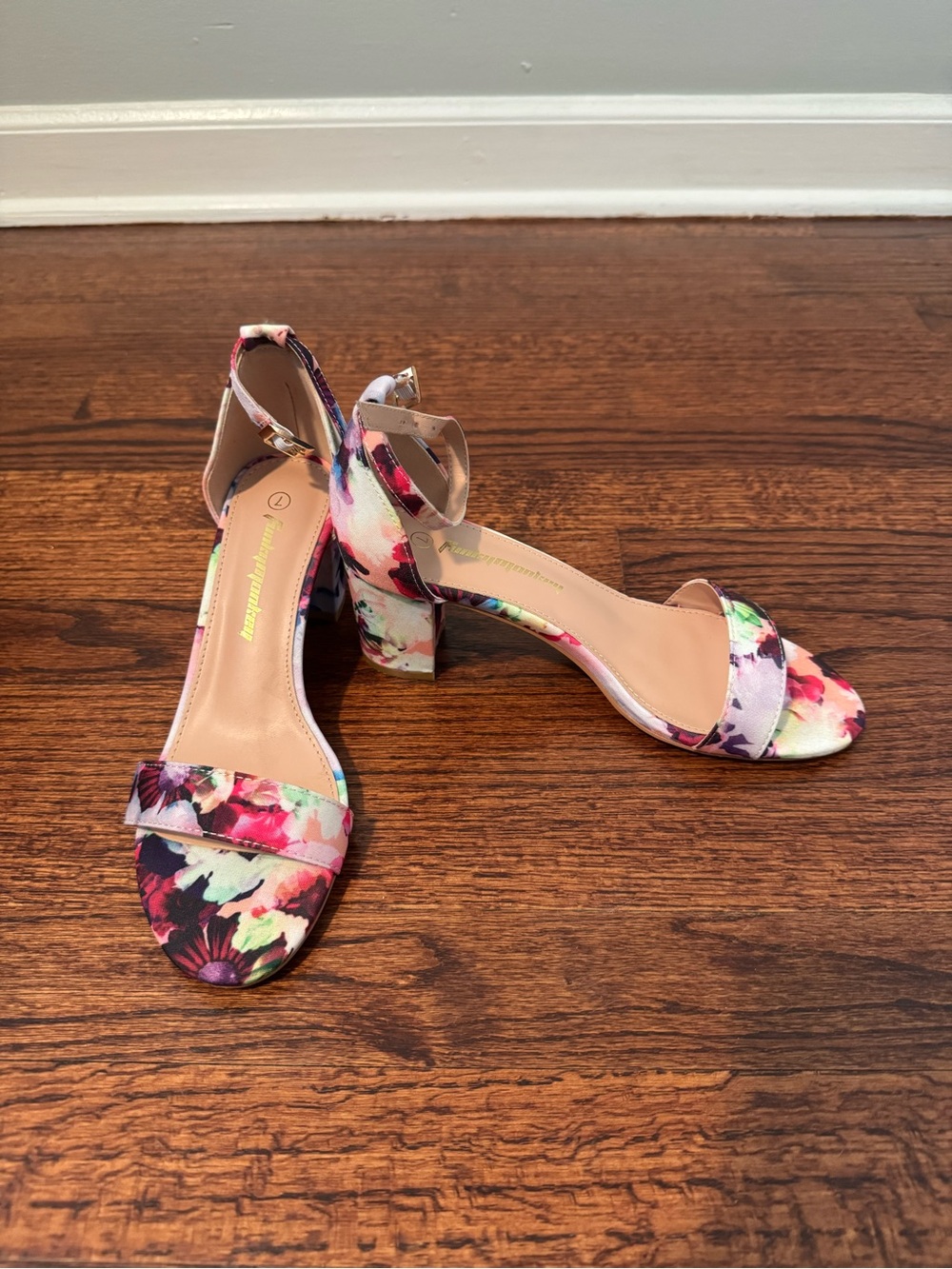 Floral Block Heel Sandals - Women's Pink Multicolor